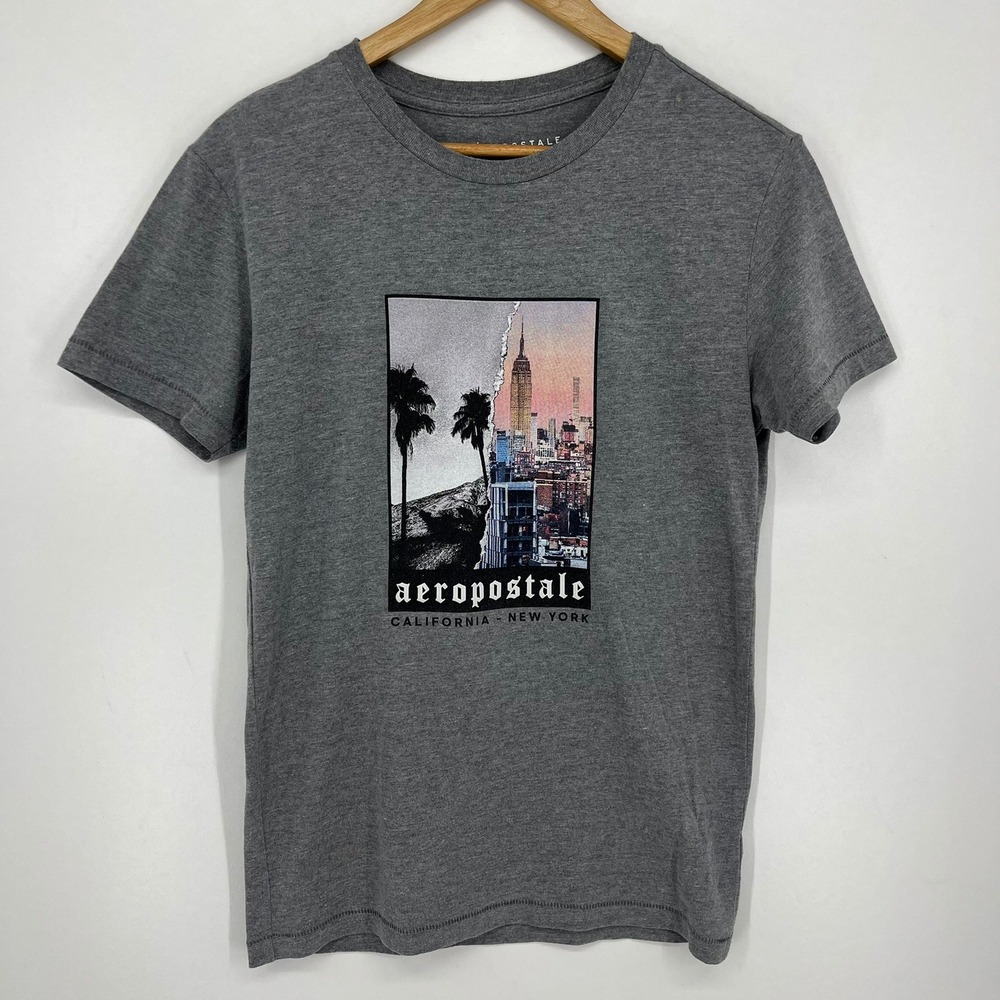 Aeropostale Mens‎ XS Graphic Tee Heather Gray California New York Skyline Shirt